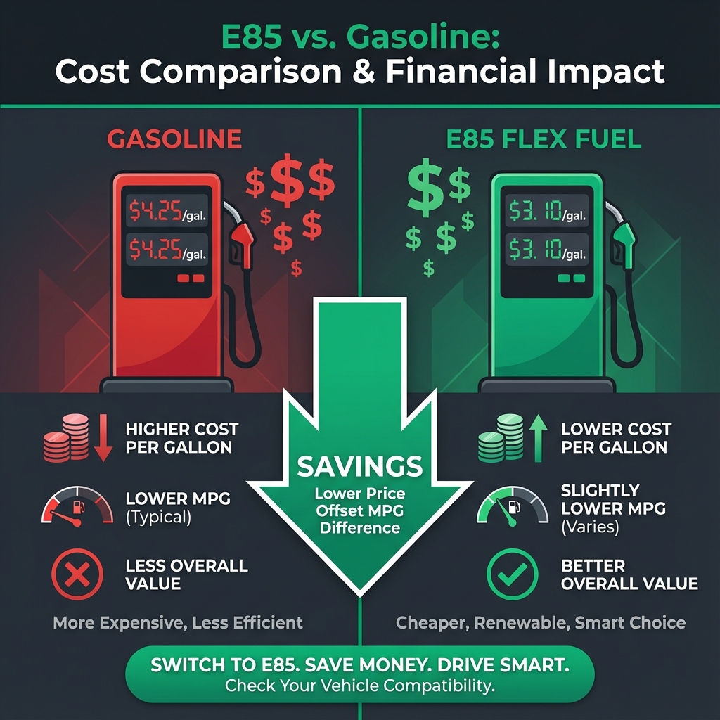 Infographic comparing E85 and gasoline costs showing potential savings