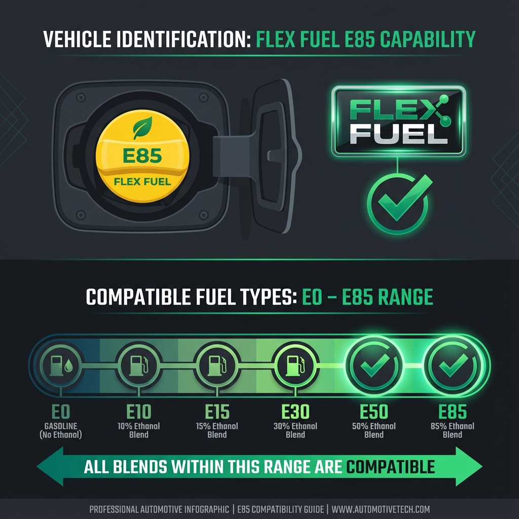 Visual guide showing E85 compatibility indicators including yellow gas cap and Flex Fuel badge