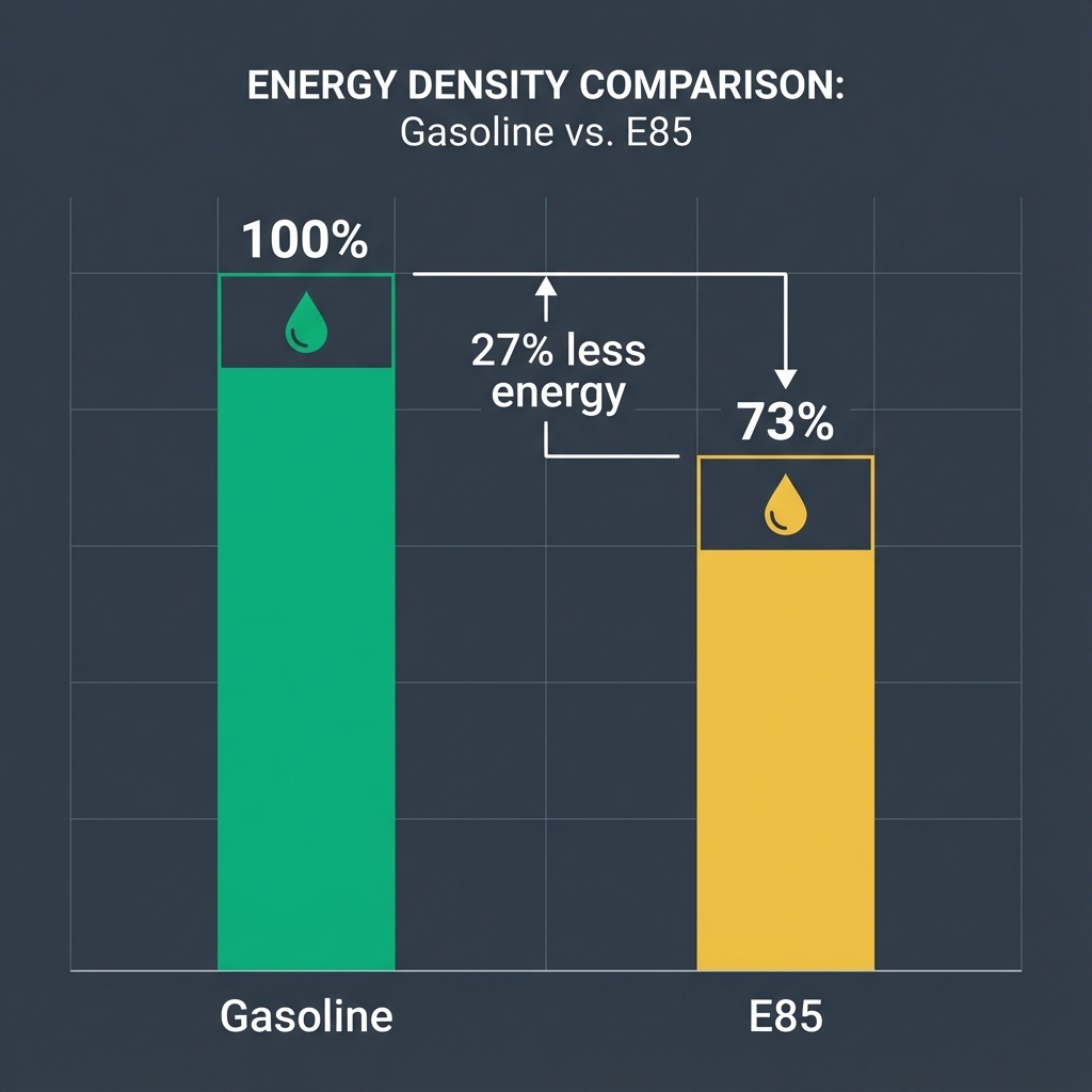 Bar chart comparing energy density of gasoline (100%) vs E85 (73%), showing 27% less energy